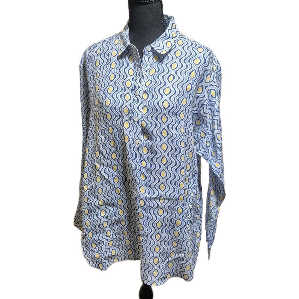 J. McLaughlin Fallon Linen Tunic Women Shirt Blue Yellow Popover Coastal Large